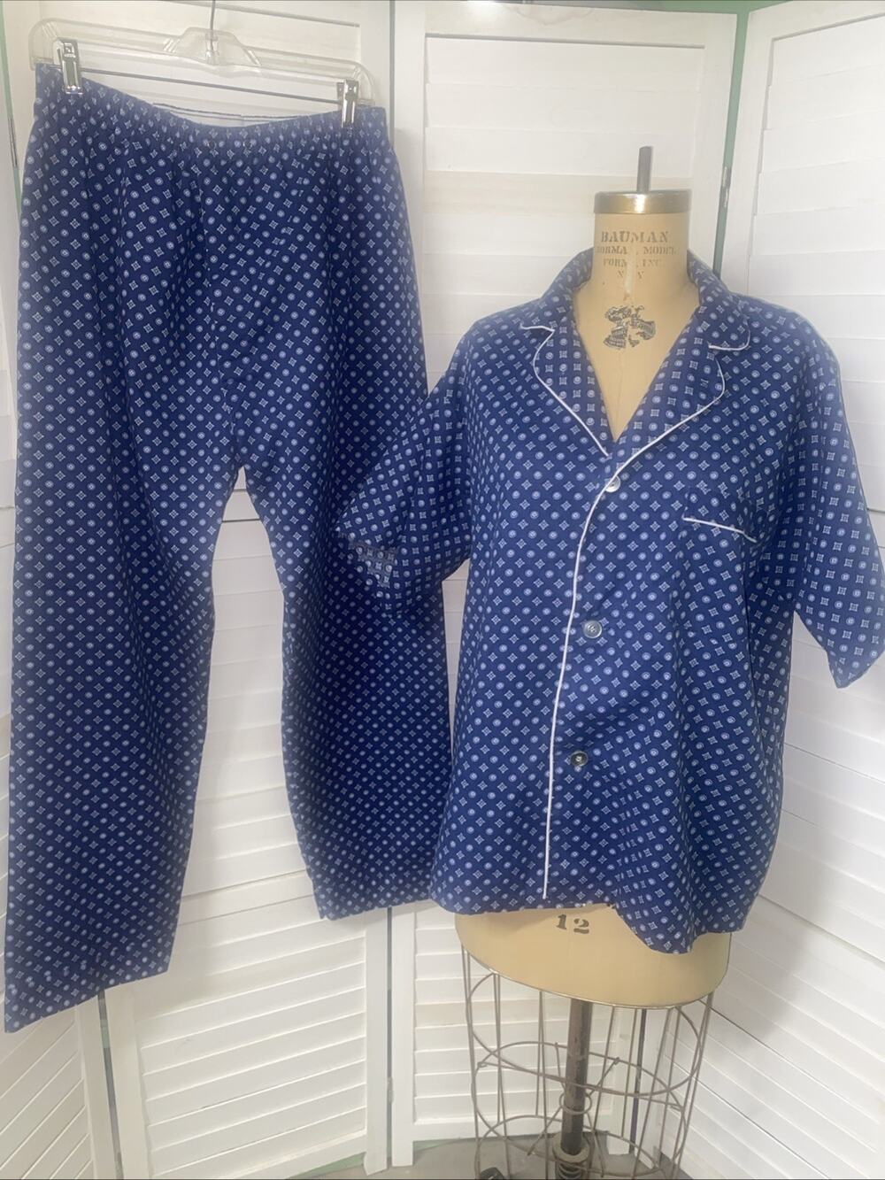 Vtg Diplomat Permanent Press Men’s Pajamas 2PC Set Blue Short Sleeve Sz Large